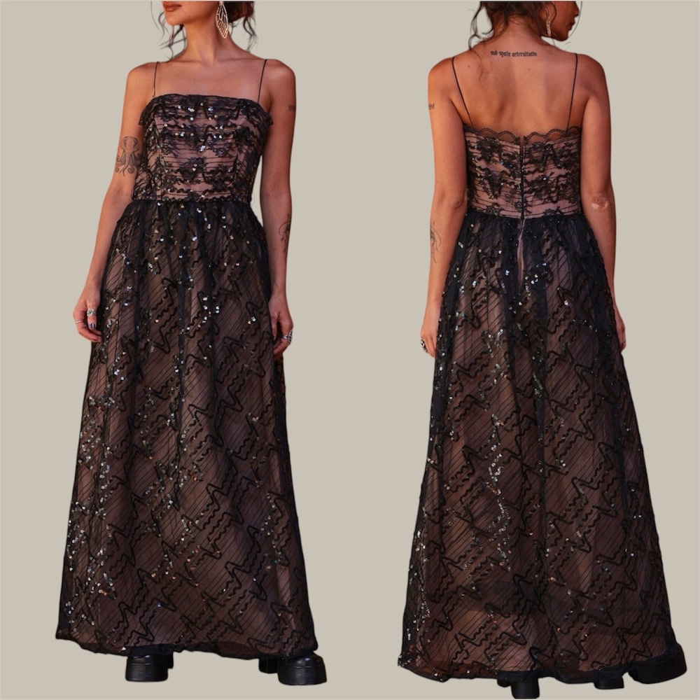 Harry Acton for After Five Vintage Black Lace Sequin Maxi Dress Gown Nude 8